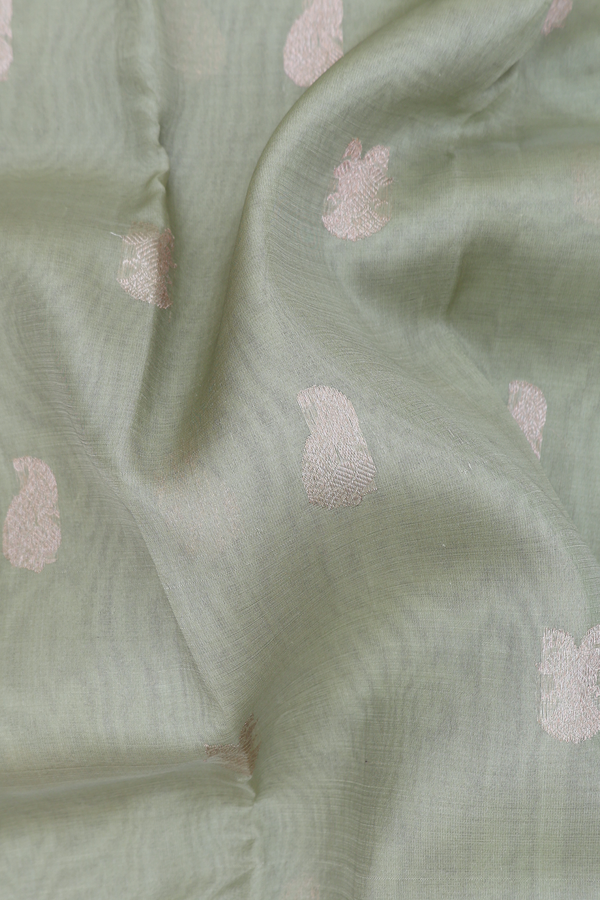 Organza Kanchipuram Silk Saree Dusty Green With Paisley Buttas