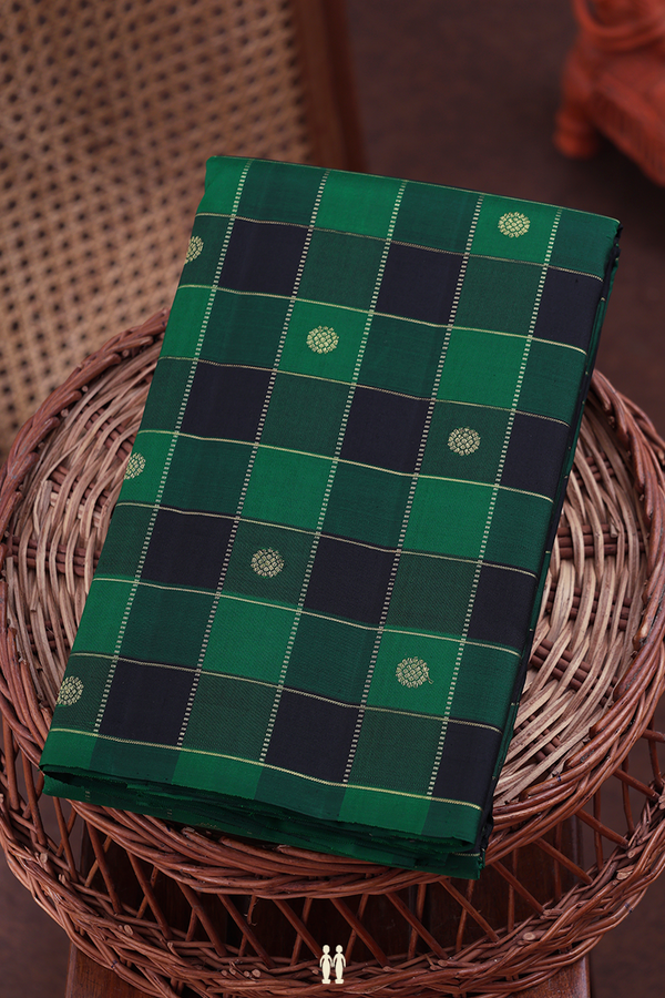 Kanchipuram Silk Saree In Black And Green With Checks Design