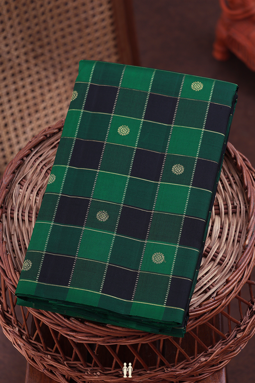 Kanchipuram Silk Saree In Black And Green With Checks Design