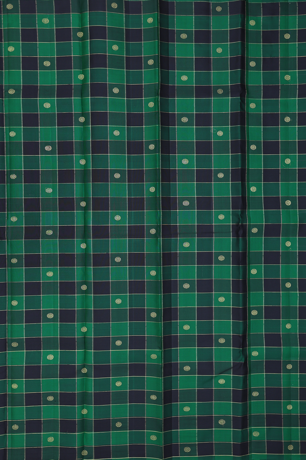 Kanchipuram Silk Saree In Black And Green With Checks Design