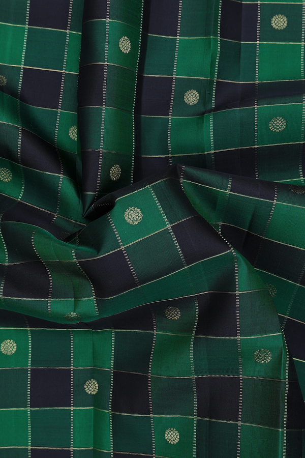 Kanchipuram Silk Saree In Black And Green With Checks Design
