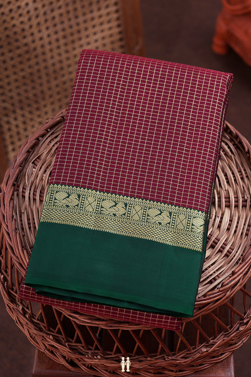 Kanchipuram Silk Saree In Berry Red With Checks Design