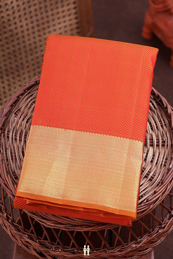 Kanchipuram Silk Saree In Bright Orange With Jacquard Pattern