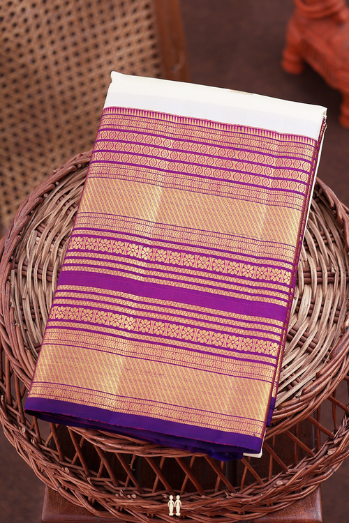 Kanchipuram Silk Saree In Off White With Peacock Buttas