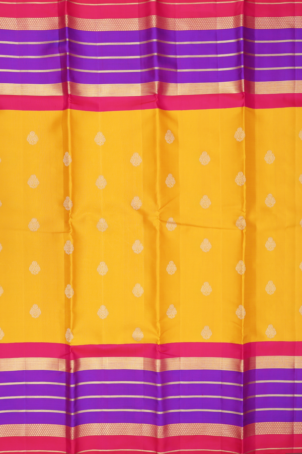 Kanchipuram Silk Saree In Marigold Yellow With Floral Buttas