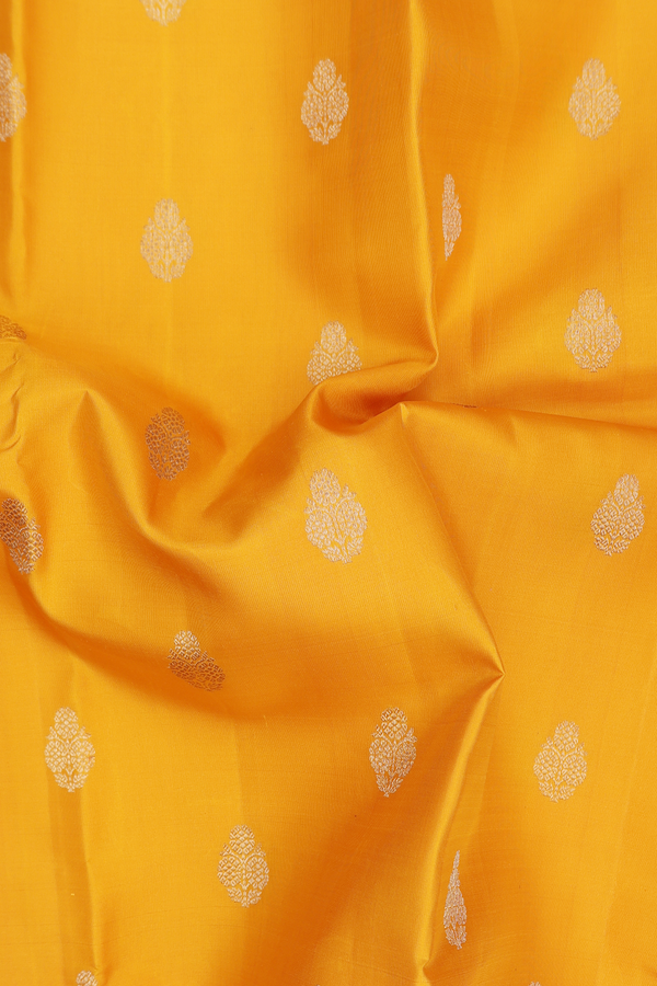 Kanchipuram Silk Saree In Marigold Yellow With Floral Buttas