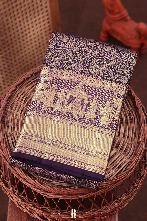 Kanchipuram Silk Saree In Regal Purple With Floral Design