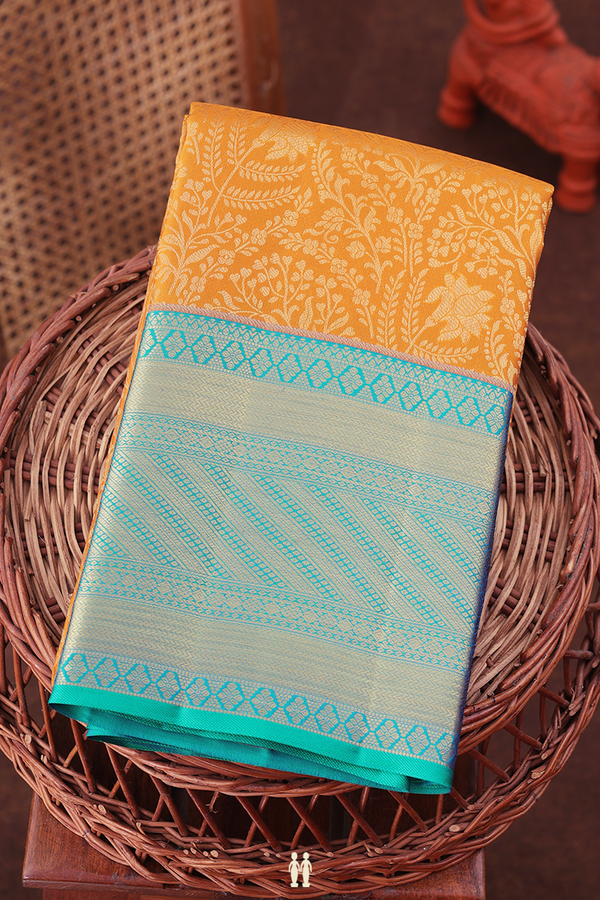 Kanchipuram Silk Saree In Marigold Yellow With Brocade Design
