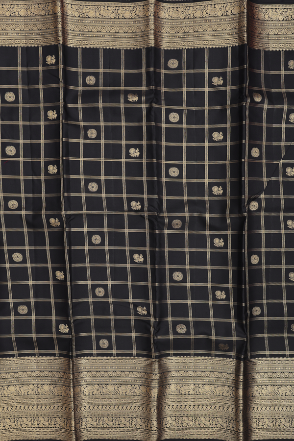 Kanchipuram Silk Saree In Black Along Checks With Buttas