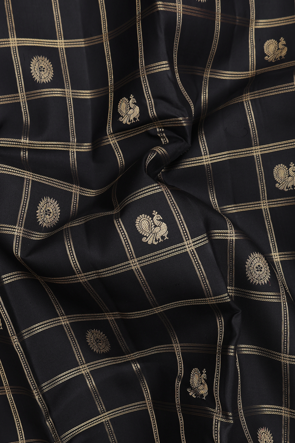 Kanchipuram Silk Saree In Black Along Checks With Buttas
