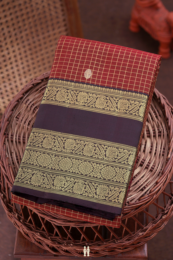 Kanchipuram Silk Saree In Red Along Checks With Buttas