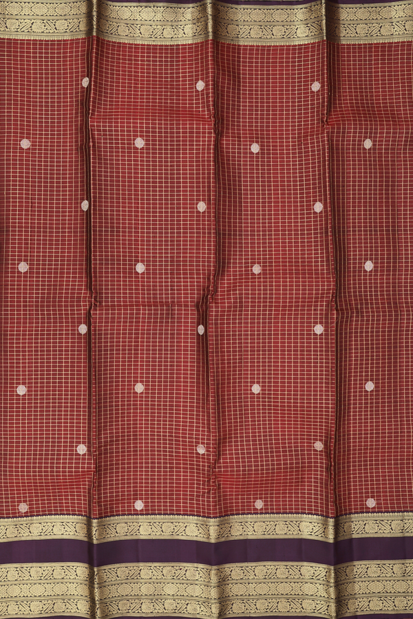Kanchipuram Silk Saree In Red Along Checks With Buttas