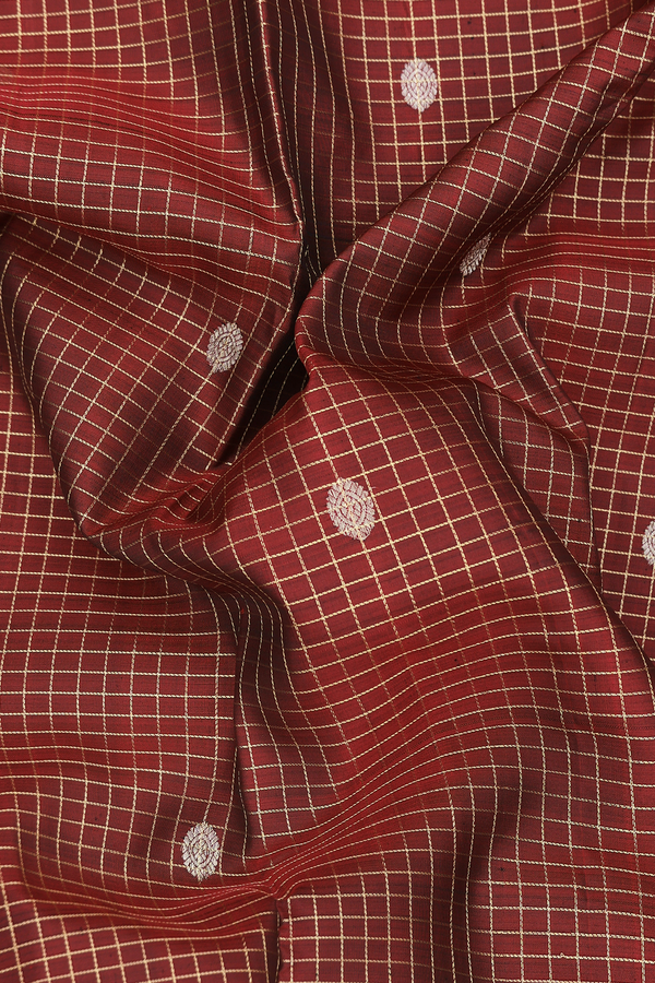 Kanchipuram Silk Saree In Red Along Checks With Buttas