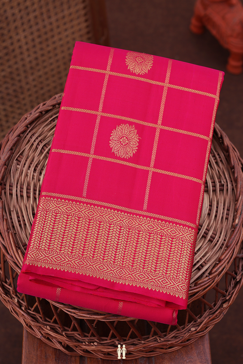 Kanchipuram Silk Saree In Rani Pink With Checks Design