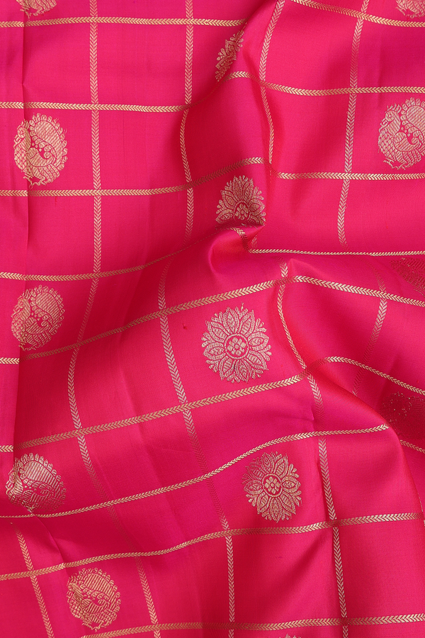 Kanchipuram Silk Saree In Rani Pink With Checks Design