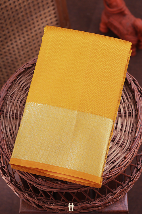 Kanchipuram Silk Saree In Saffron Yellow With Jacquard Pattern