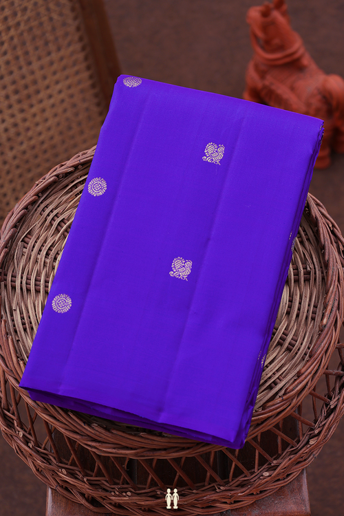 Kanchipuram Silk Saree In Blue With Peacock Buttas