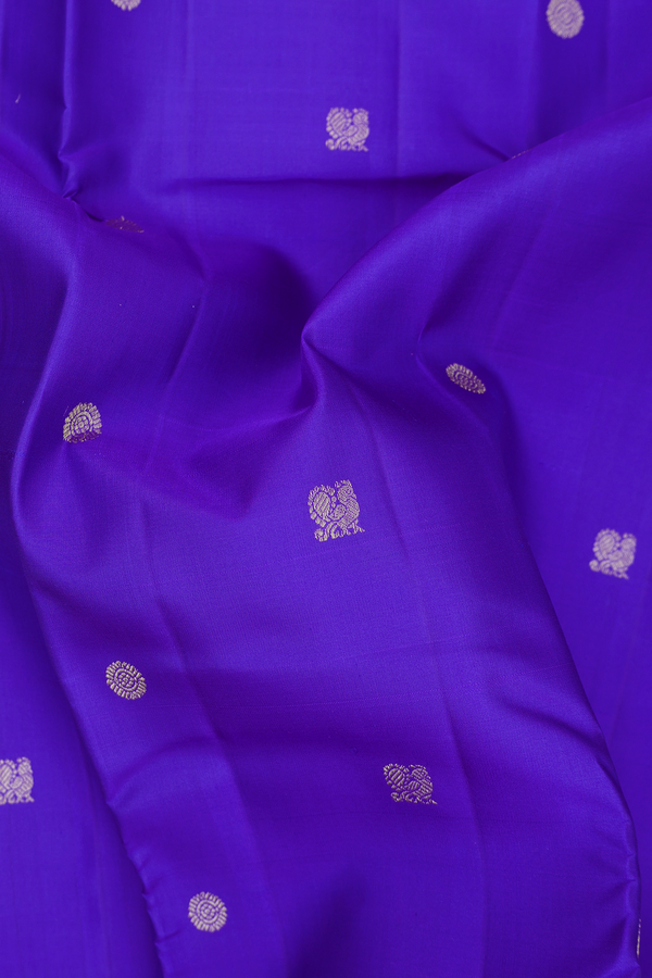 Kanchipuram Silk Saree In Blue With Peacock Buttas