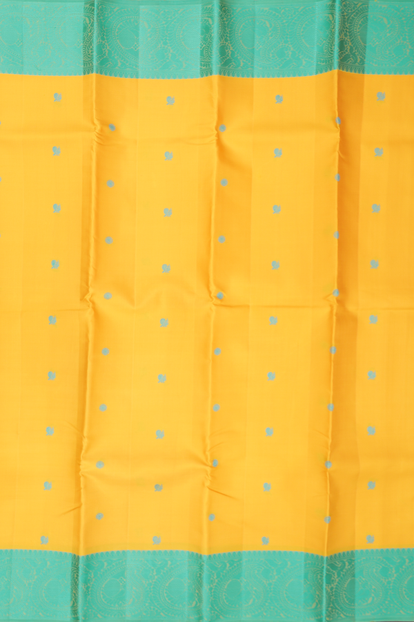 Kanchipuram Silk Saree In Saffron Yellow With Chakram Buttas