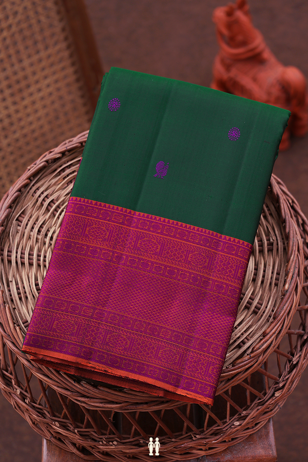 Kanchipuram Silk Saree In Forest Green With Peacock Buttas