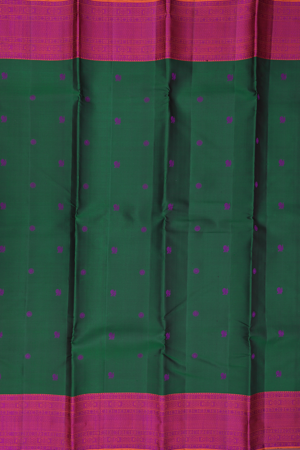 Kanchipuram Silk Saree In Forest Green With Peacock Buttas