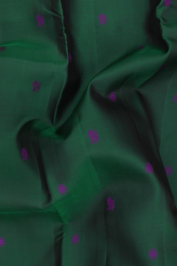 Kanchipuram Silk Saree In Forest Green With Peacock Buttas