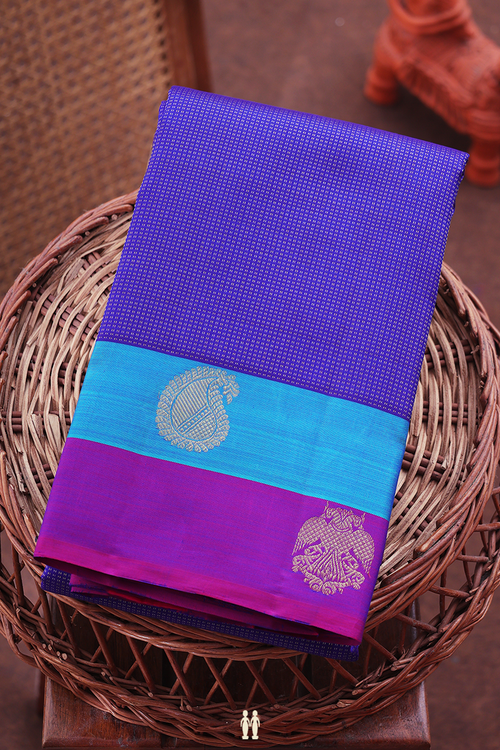 Kanchipuram Silk Saree In Royal Blue With Stripes Design