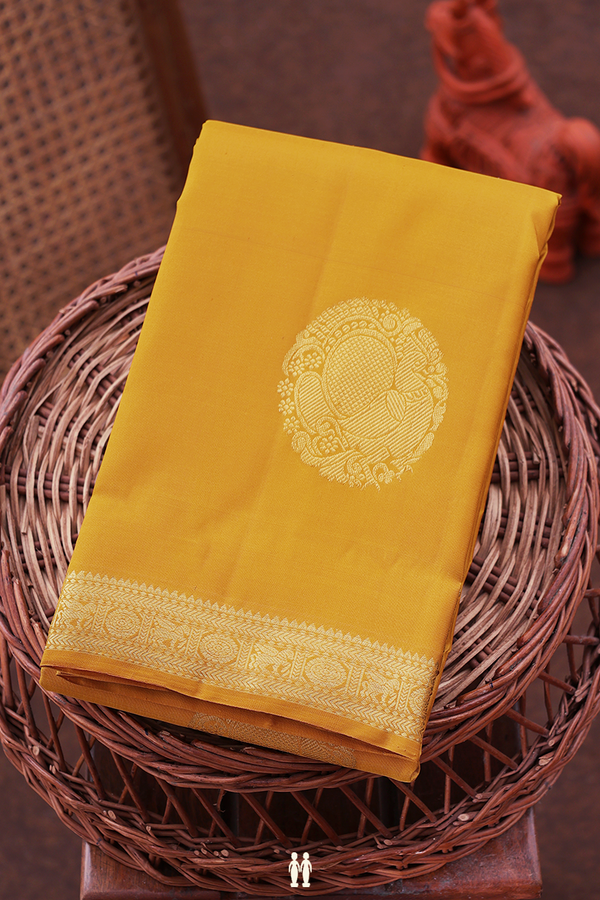 Kanchipuram Silk Saree In Saffron Yellow With Circle Motifs