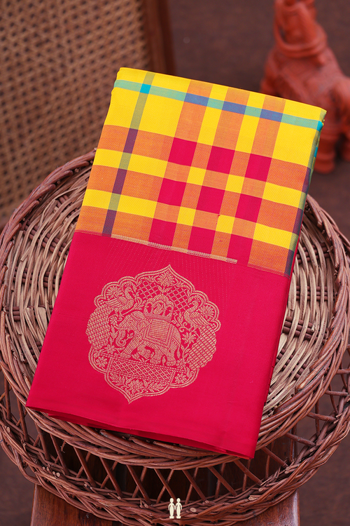 Kanchipuram Silk Saree In Yellow With Checks Design