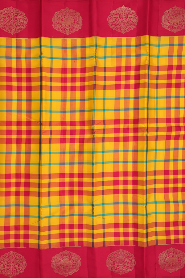 Kanchipuram Silk Saree In Yellow With Checks Design