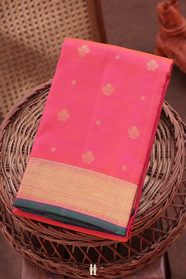 Kanchipuram Silk Saree In Coral Pink With Floral Buttas