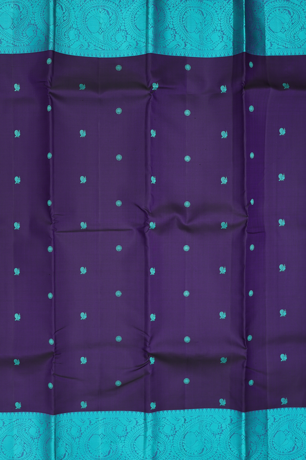 Kanchipuram Silk Saree In Navy Blue With Peacock Buttas