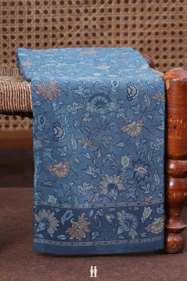 Crepe Saree In Capri Blue With Floral Printed Design