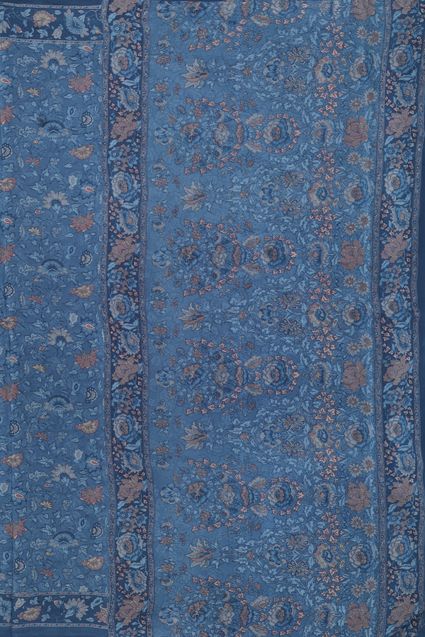 Crepe Saree In Capri Blue With Floral Printed Design