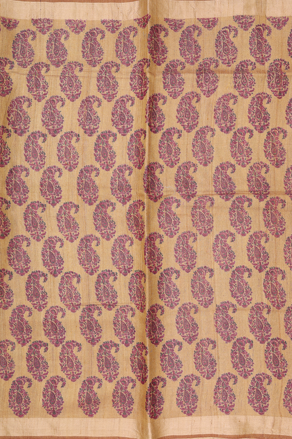 Tussar Silk Saree In Golden Yellow With Paisley Motifs