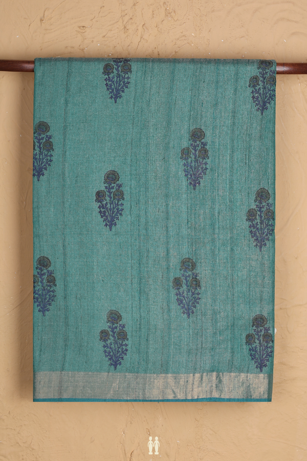 Tussar Silk Saree In Cerulean Blue With Floral Motifs