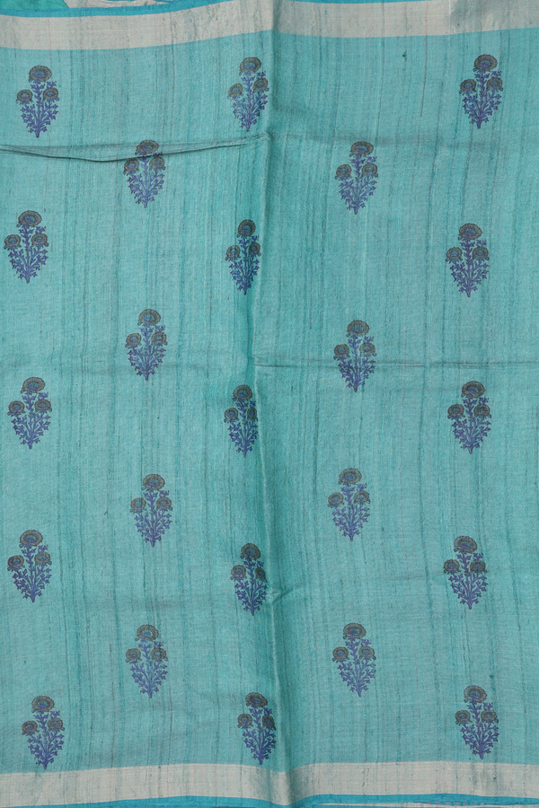 Tussar Silk Saree In Cerulean Blue With Floral Motifs