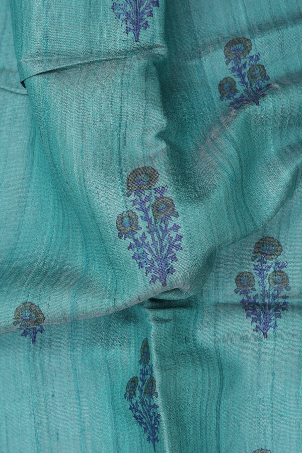 Tussar Silk Saree In Cerulean Blue With Floral Motifs