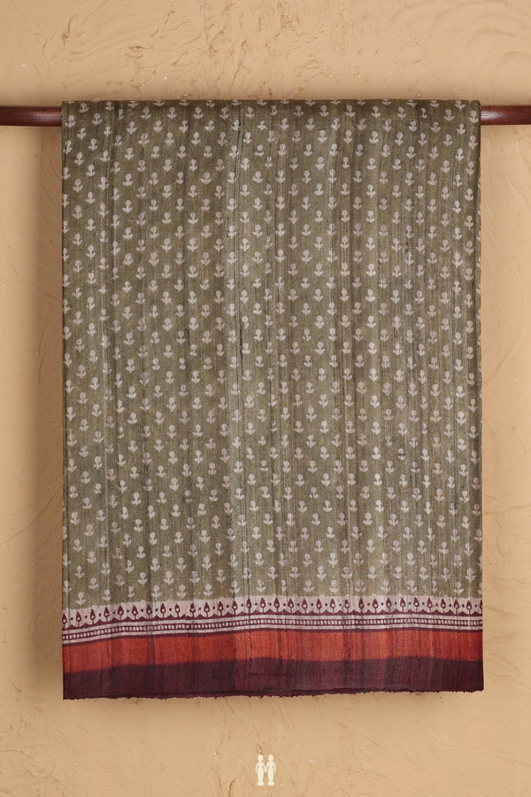 Tussar Silk Saree In Greenish Brown With Printed Buttas