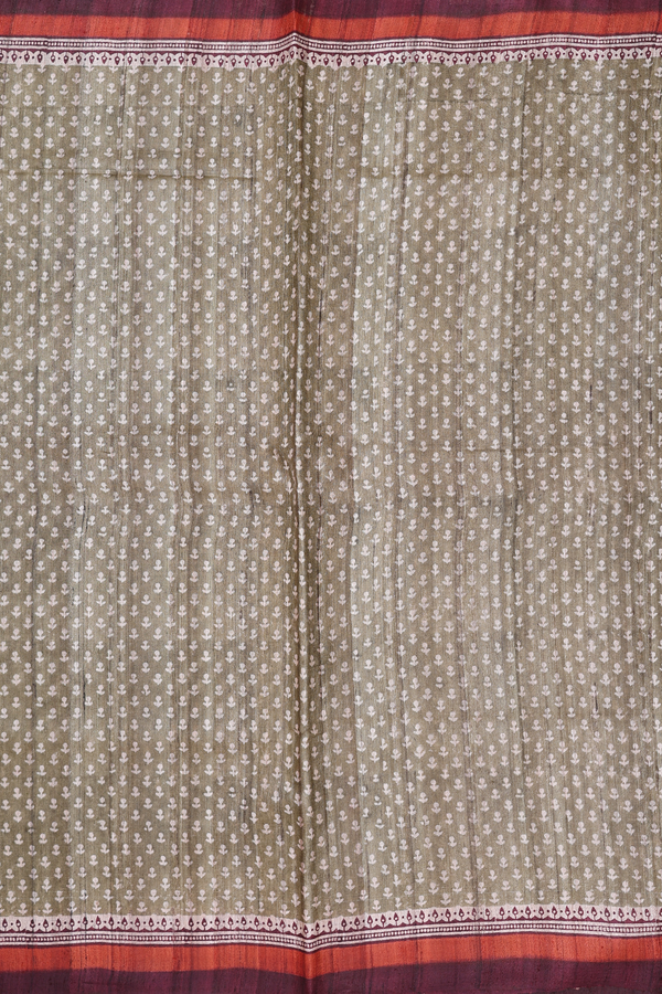 Tussar Silk Saree In Greenish Brown With Printed Buttas
