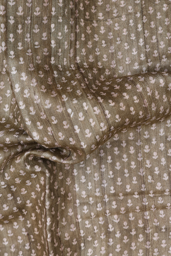Tussar Silk Saree In Greenish Brown With Printed Buttas