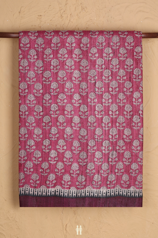 Tussar Silk Saree In Mulberry With Floral Buttas