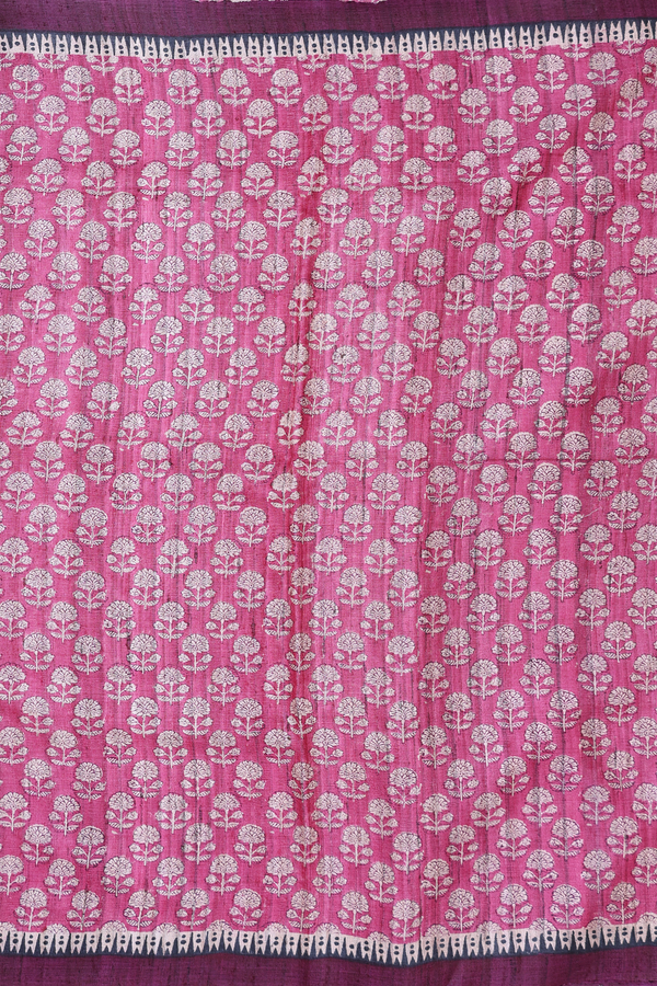 Tussar Silk Saree In Mulberry With Floral Buttas