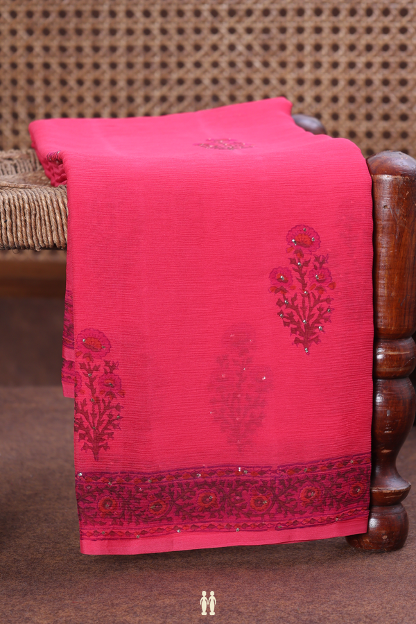 Chiffon Saree In Rose Red With Floral Printed Design