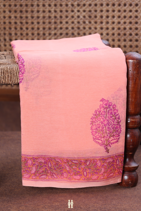 Chiffon Saree In Peach With Floral Printed Design