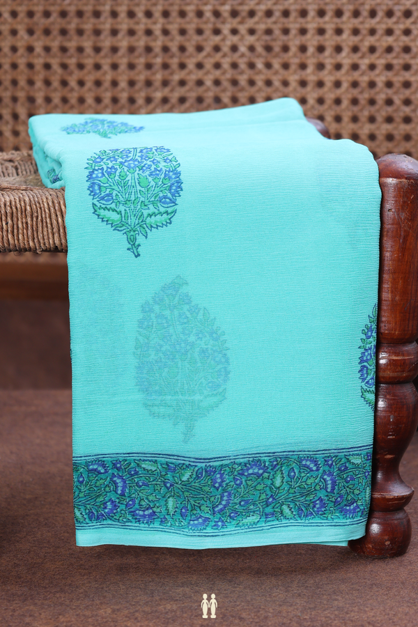 Chiffon Saree In Mint Green With Floral Printed Design