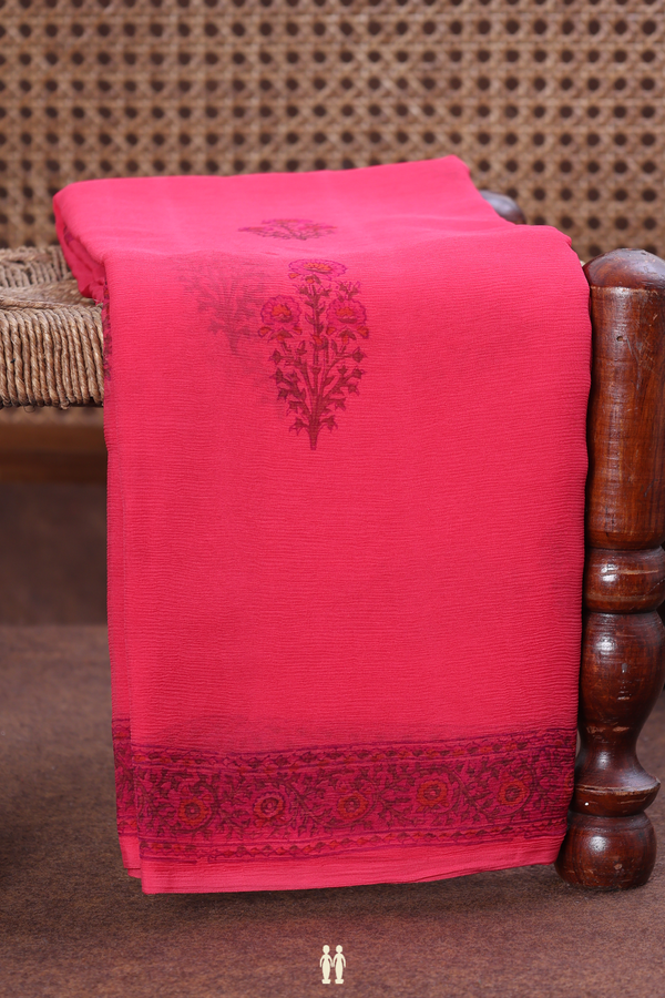Chiffon Saree In Rose Red With Floral Printed Design