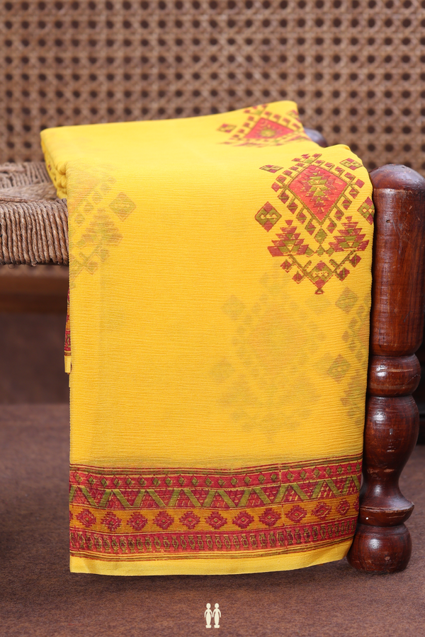 Chiffon Saree In Yellow With Printed Design