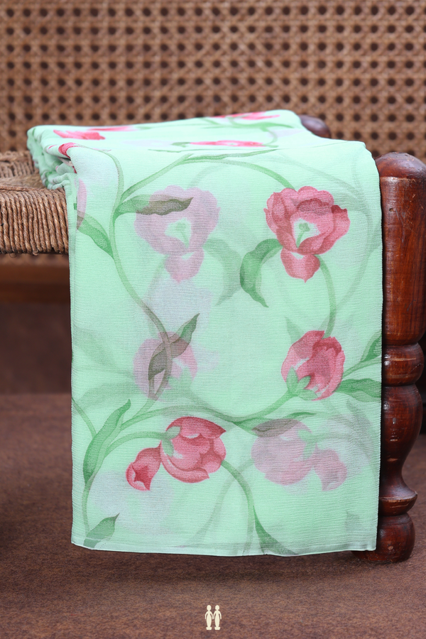Chiffon Saree In Mint Green With Floral Printed Design