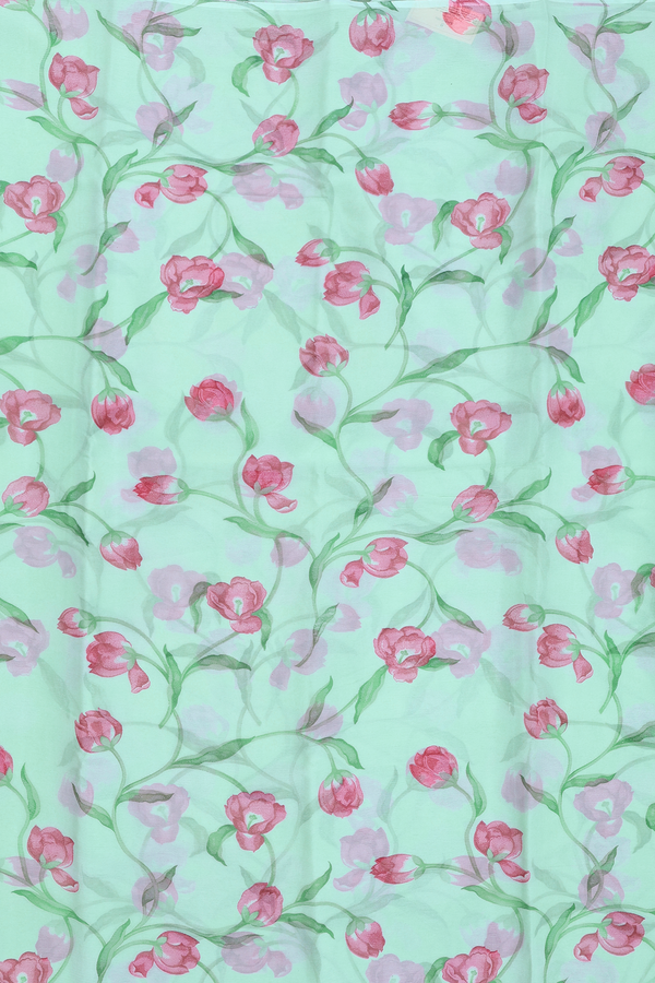 Chiffon Saree In Mint Green With Floral Printed Design